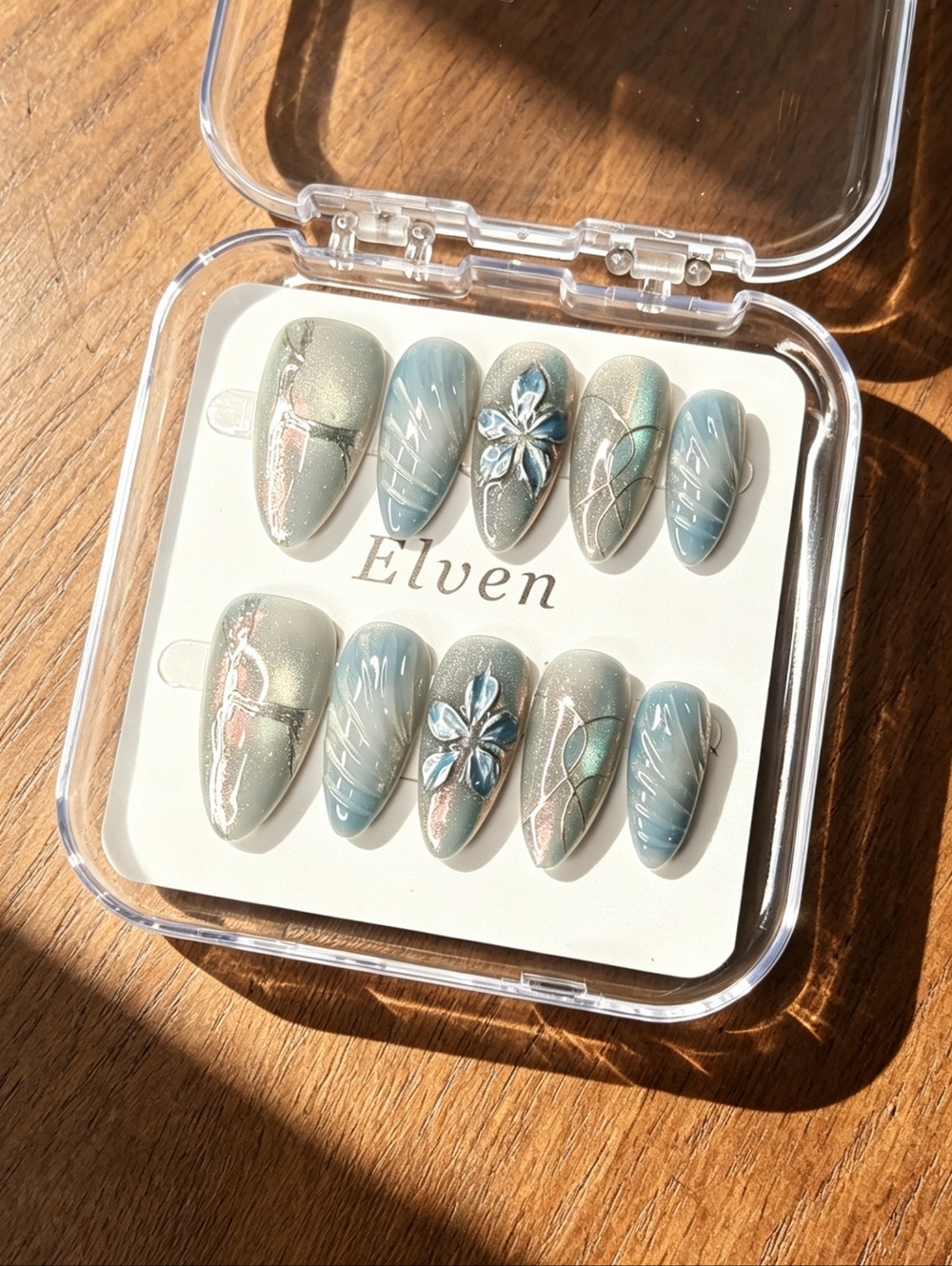 Elven Blue Cat Eye With Floral Medium Length Almond Handmade Press On Nails